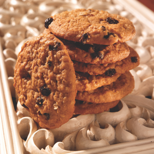 Oatmeal Raisin Cookies in a decorative tray