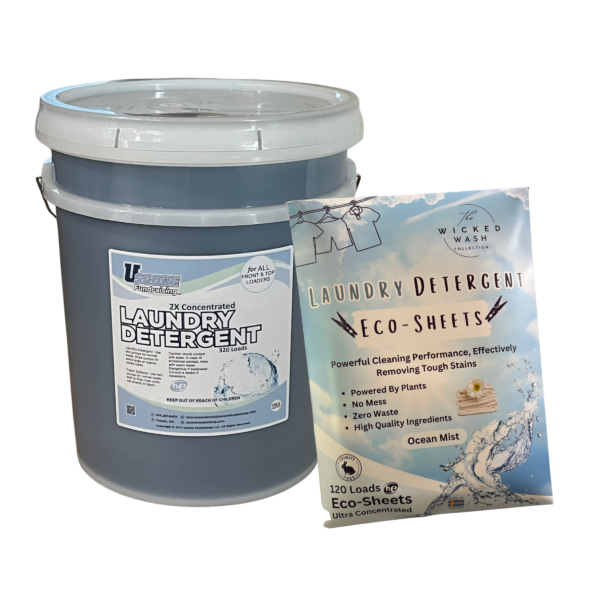 5-Gal Laundry Detergent plus Laundry Detergent Eco-Sheets.